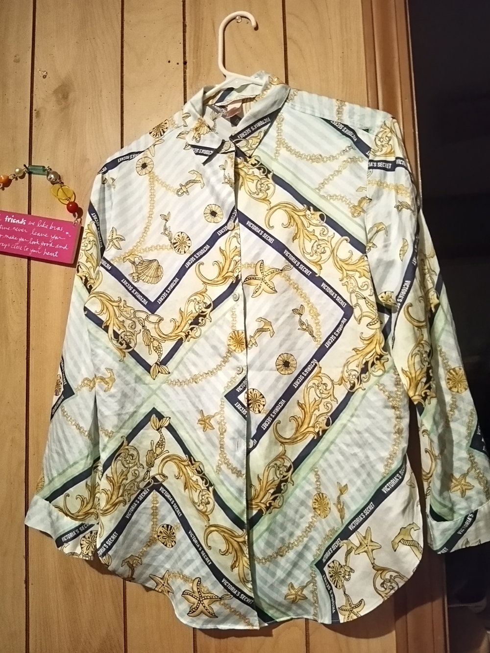 Vintage Victoria's Secret Blue, Gold and Navy Button-Up Lightweight Blouse